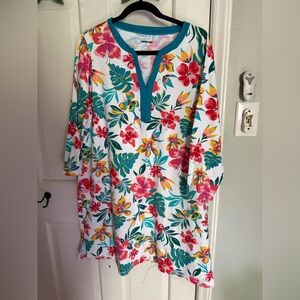 Lands' End Floral Swim Coverup Tunic in White with Pink & Teal